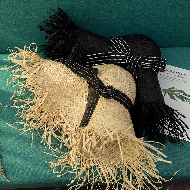 Ειδικά βαμμένο μαύρο καπέλο Raffia Straw Lady Floppy